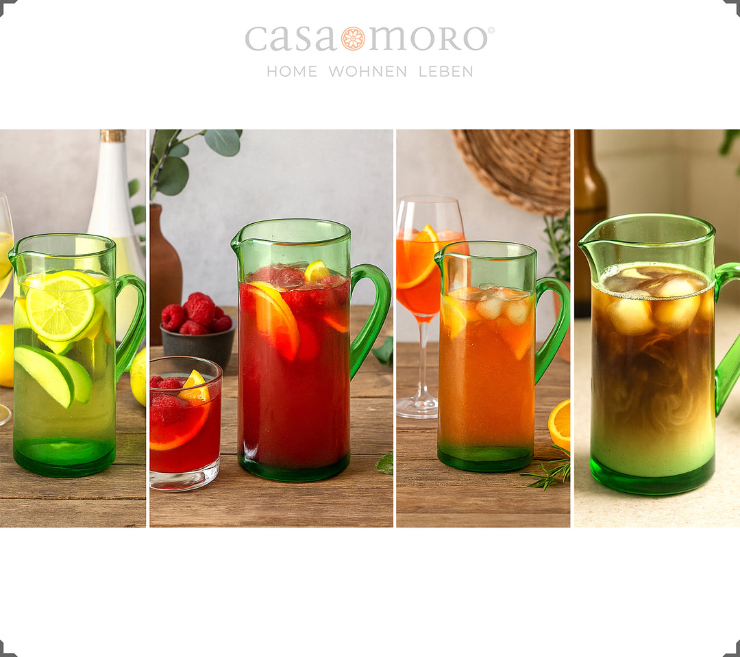 Caraffa per acqua da 1 litro con beccuccio - realizzata a mano in vetro riciclato verde