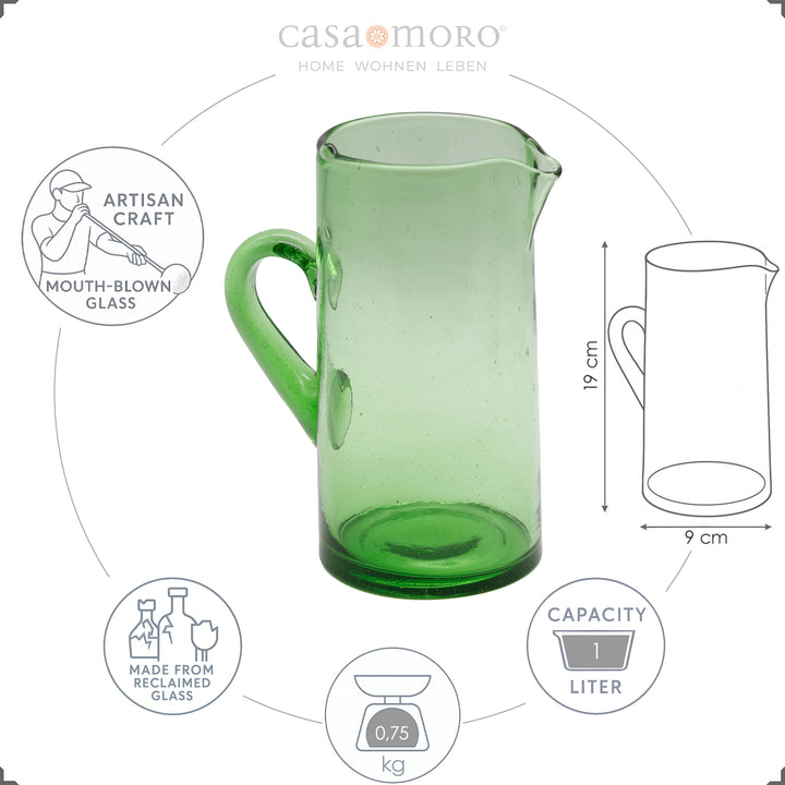 Caraffa per acqua verde in vetro soffiato a bocca con manico e beccuccio